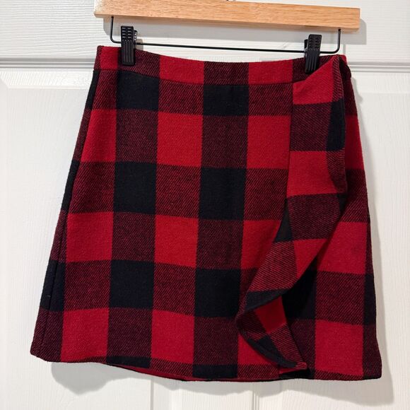 J. Crew Factory Wool Blend Red Black Buffalo Plaid Ruffle Mini Skirt 00 Festive - Picture 1 of 9